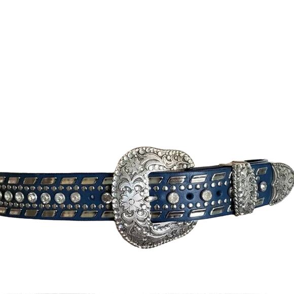 Nocona Blue Leather Belt Clear Crystal Stud Silver Tone Buckle Western Small 26" - Picture 11 of 16